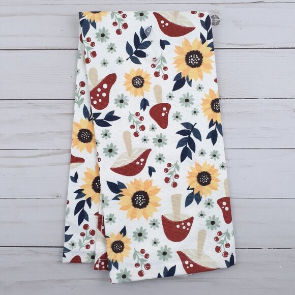 Fall Kitchen Dish Towel Floral Mushroom Navy Leaves Woodland Dual Purpose - Picture 3 of 3